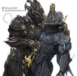 abs anthro barazoku caressing duo fondling hand_on_belly machine male male/male muscular muscular_male not_furry pecs scarf shoulder_grab text lotusshim554 digital_extremes tencent warframe chroma_(warframe) chroma_prime excalibur_umbra_(warframe) biomechanical humanoid robot warframe_(species) distracting_watermark url watermark