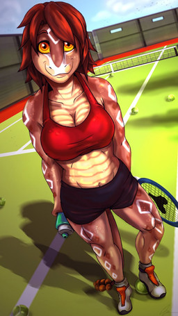 anthro breasts cleavage clothed clothing female non-mammal_breasts solo sport tennis tennis_court tennis_racket fox-die kate_(laurenrivers) pit_viper rattlesnake reptile scalie snake viper western_diamondback_rattlesnake 9:16 hi_res