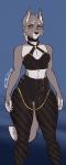 2018 alternative_fashion amber_eyes anthro athletic athletic_anthro athletic_female black_nose bottomwear braided_hair breasts camel_toe canid canine canis castbound choker clothed clothing countershading crop_top digital_media_(artwork) dipstick_tail eyebrows female fluffy fluffy_tail fully_clothed fur goth grey_body grey_fur hair hi_res jewelry looking_at_viewer mammal markings midriff multicolored_body multicolored_fur multicolored_tail necklace nipple_outline pants pecs pecs_with_breasts shirt signature simple_background small_breasts solo standing tail tail_markings thick_thighs tight_clothing topwear two_tone_body two_tone_fur wide_hips wolf wolfgirl_(castbound)