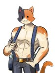 abs anthro black_eyes clothing male muscular muscular_male simple_background smile solo zhadinax epic_games fortnite meowscles calico_cat domestic_cat felid feline felis mammal 3:4 colored_sketch digital_drawing_(artwork) digital_media_(artwork) hi_res sketch