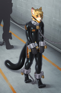 anthro ball_gag bdsm blush bondage bondage_gear bondage_gloves bound chain chained chastity_cage chastity_device clothing gag handwear latex latex_clothing latex_skinsuit male mitten_hands padlocked_collar prison_uniform prisoner skinsuit solo tight_clothing 100racs gzi domestic_cat felid feline felis mammal absurd_res hi_res