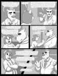 canid canine canis clothed clothing comic dialogue domestic_dog duo emery_waldren english_text female hi_res jackaloo kathleen_hallpont male mammal monochrome necktie speech_bubble text