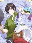 black_hair domestic_pet egg feral green_eyes group hair male master text trio shiro_yorozu campfire_cooking_in_another_world_with_my_absurd_skill fel_(fenrir) mukoda_tsuyoshi sui_(slime) canid canine canis goo_creature human mammal wolf 3:4 translated