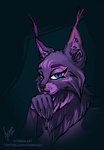 abstract_background anthro blue_eyes eyelashes female hair hand_lick licking long_ears looking_at_viewer neck_tuft purple_hair simple_background solo text tongue tuft stirren felid feline lynx mammal portrait url