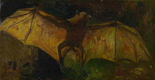 5_fingers 5_toes ambiguous_feral ambiguous_gender biped bipedal_feral brown_body feet feral fingers front_view looking_aside membrane_(anatomy) membranous_wings painterly simple_background solo spread_wings standing textured_background toes wings vincent_van_gogh public_domain bat flying_fox mammal megabat 1885 19th_century absurd_res ancient_art hi_res oil_painting_(artwork) painting_(artwork) traditional_media_(artwork) traditional_painting_(artwork)