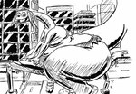 anthro big_breasts big_butt breasts building butt city city_destruction clothed clothing destruction female hair headgear huge_butt huge_thighs hyper hyper_butt long_neck macro obese obese_anthro obese_female overweight overweight_anthro overweight_female simple_background size_difference tail thick_thighs train vehicle wide_hips kazecat portia_(kazecat) brontosaurus dinosaur diplodocid prehistoric_species reptile sauropod sauropodomorph scalie 2006 monochrome