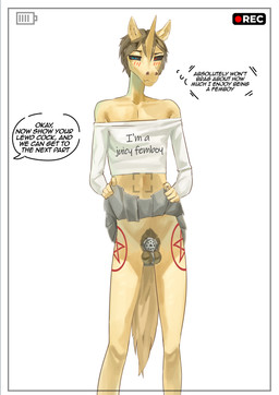 anthro chastity_cage chastity_device clothing dress femboy male male/male phone_camera phone_screen solo text mbt tauscher equid equine horse mammal pony absurd_res english_text hi_res