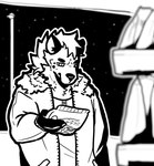 anthro building cheek_tuft chips_(food) clothed clothing coat eyebrows facial_tuft fingers food fur gas_station hair holding_food holding_object jacket looking_at_object male mane mane_hair markings night shelf sky solo spots spotted_body spotted_fur standing star starry_sky topwear tuft sartics hyena mammal spotted_hyena digital_media_(artwork) monochrome