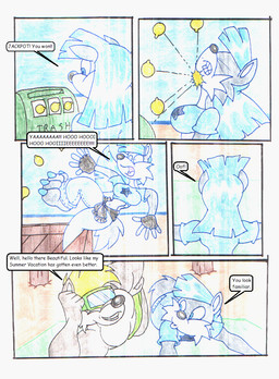 anthro beach blonde_hair blue_clothing blue_hair blue_shirt blue_topwear clothing duo female hair male outside shirt speech_bubble text topwear virus-20 wendy_wolf_(virus-20) canid canine canis mammal wolf 2011 comic english_text
