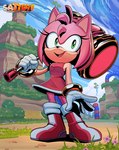 5_fingers amy_rose anthro boots breasts clothing cloud day detailed_background eulipotyphlan female fingers flower footwear gloves grass green_eyes hammer handwear hedgehog hi_res mammal maul mountain open_mouth open_smile piko_piko_hammer plant satierf sega signature smile solo sonic_the_hedgehog_(series) tools