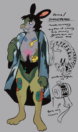 anthro black_briefs black_clothing black_eyebrows black_pubes black_underwear blue_cloak blue_clothing blue_markings briefs cloak clothed clothing dragon_tattoo eyebrows fist fur grey_background grey_body grey_fur leg_tattoo male markings nipples orange_nipples pink_markings plantigrade pubes simple_background smile solo tattoo text underwear videonastyz mythology shakespeare_(videonastyz) dragon lagomorph leporid mammal mythological_creature mythological_scalie rabbit scalie english_text full-length_portrait hi_res model_sheet portrait