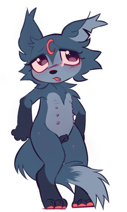 3_toes 4_nipples animal_genitalia animal_vulva anthro belly black_eyes black_nose blue_belly blue_body blue_fur blush breasts canine_genitalia canine_vulva cheek_tuft chest_tuft ears_up facial_tuft feet female fur genitals markings moon moon_(marking) multi_nipple nipples pawpads pink_pawpads red_moon small_breasts solo tail toes tuft vulva young young_female ammoniate blushcrunch_studio dandy's_world eclipse_(dandy's_world) canid canine canis mammal toon_(dandy's_world) wolf 3:5 hi_res