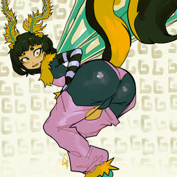 abstract_background antennae_(anatomy) armwear back_wings bangs bent_over black_armwear black_bodysuit black_clothing black_eyebrows black_hair black_skinsuit black_tail blue_eyes bodysuit bottomwear bulge butt clothed clothed_humanoid clothed_male clothing eyebrows eyelashes femboy fluffy_antennae hair head_turned insect_wings lepidopteran_wings looking_back male male_humanoid multicolored_antennae multicolored_armwear multicolored_clothing multicolored_wings open_mouth orange_antennae orange_ears orange_tail orange_tongue orange_wings pants pattern_armwear pattern_clothing pink_bottomwear pink_clothing pink_pants ruff short_hair skinsuit solo striped_armwear striped_clothing stripes tail tan_wings teal_antennae teal_wings teeth tight_clothing tongue two_tone_antennae two_tone_armwear two_tone_clothing two_tone_tail white_armwear white_clothing wings usagaijin actia_(usagaijin) animal_humanoid arthropod arthropod_humanoid humanoid hybrid insect insect_humanoid lepidopteran lepidopteran_humanoid mammal mammal_humanoid mephitid mephitid_humanoid moth_humanoid skunk_humanoid 2021 absurd_res hi_res signature