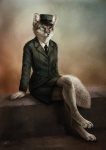 abstract_background anthro barefoot biped blue_eyes bottomwear clothed clothing crossed_legs digitigrade ears_up feet female fur grey_body grey_fur hat headgear headwear humanoid_hands inner_ear_fluff jacket looking_at_viewer necktie shirt sitting skirt solo topwear tuft uniform johis alex_(bering) arctic_fox canid canine fox mammal true_fox portrait