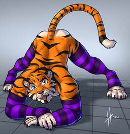 anthro armwear ass_up athletic athletic_anthro athletic_male black_claws black_stripes blue_eyes claws clothed clothing crossdressing finger_claws fur jack-o'_pose legwear looking_at_viewer male male_anthro markings mostly_nude open_mouth orange_body orange_fur pattern_armwear pattern_clothing pattern_legwear pose purple_armwear purple_clothing purple_legwear red_tongue simple_background solo striped_armwear striped_back striped_clothing striped_legs striped_legwear striped_markings striped_shoulders striped_tail stripes tail tail_markings toe_claws tongue tongue_out white_body white_fur hufnaar hufnaar_(character) felid mammal pantherine tiger 2021 dated hi_res
