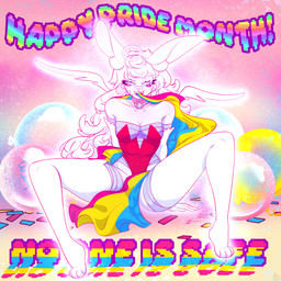 anthro balloon bandage bandaged_arm bandaged_face bandaged_leg bandaged_neck blue_eyes bunny_costume clothing collar confetti costume fangs female flag glowing glowing_body halo inflatable legwear lgbt_pride pansexual_pride_colors pride_color_flag pride_colors simple_background solo stockings teeth white_body wings 6unny io lagomorph leporid mammal rabbit 1:1 absurd_res hi_res