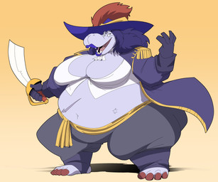 4_fingers 4_toes anthro belly big_belly big_breasts black_hair blue_lips bottomwear breasts cleavage clothed clothing cutlass feet female fingers gloves grey_body hair handwear holding_object holding_weapon huge_belly huge_breasts jacket lips melee_weapon obese obese_anthro obese_female open_mouth overweight overweight_anthro overweight_female pants pink_tongue pirate_hat pirate_outfit shirt simple_background solo standing sword tan_background teeth toes tongue topwear weapon wide_hips enrique_art hugo_enrique_art common_hippopotamus hippopotamid mammal absurd_res hi_res shaded