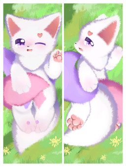 ambiguous_gender anthro blush covering covering_self fur grass grass_field lying multicolored_body multicolored_fur pink_body pink_fur plant purple_body purple_fur solo white_body white_fur shiningcanc canid canine canis domestic_dog mammal absurd_res hi_res