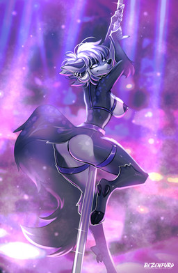 5_fingers anthro areola breasts dancing ear_piercing ear_ring female fingers hair hooves horn nipples nude piercing pole pole_dancing ring_piercing short_hair smile solo strip_club white_hair tlt_echelon aeron_(number_666) 2022 digital_media_(artwork) hi_res