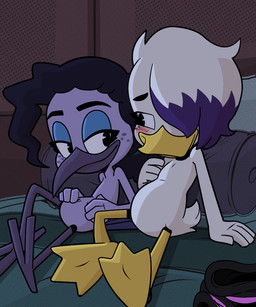 anthro beak blue_eyeshadow blush blush_lines duo eyeshadow featureless_chest featureless_crotch feet female female_anthro flat_chested freckled_face freckles hair inside makeup nude null purple_body short_hair sitting smile tail white_body young young_female mopgoblin disney ducktales ducktales_(2017) fan_character nora_(alabasterarts) violet_sabrewing anatid anseriform apodiform avian bird duck hummingbird 2026 5:6