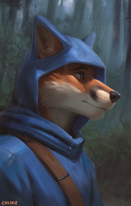 anthro clothed clothing fur furgonomic_headwear furgonomics looking_aside looking_away male male_anthro raining realistic red_body red_fur solo white_body white_fur chunie canid canine fox mammal 2023 adobe_photoshop_(artwork) digital_media_(artwork) digital_painting_(artwork) headshot_portrait hi_res painting_(artwork) portrait