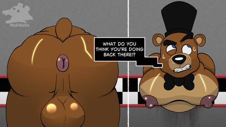 anthro anus balls big_balls big_butt big_moobs bodily_fluids butt genitals glistening glistening_body male moobs nervous nervous_sweat puffy_anus rear_view slightly_chubby solo speech_bubble sweat text nuknuks five_nights_at_freddy's scottgames freddy_(fnaf) 16:9 english_text hi_res widescreen