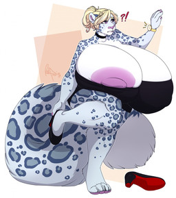anthro big_breasts biped breasts clothed clothing female footwear high_heels huge_breasts hyper hyper_breasts interrobang nipple_outline nipple_slip nipples shoes solo standing redpixie alexandria_(spyingredfox) felid mammal pantherine snow_leopard hi_res
