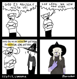 4_panel_comic ambiguous_gender anthro clothed clothing dialogue duo fur hat headgear headwear holding_object holding_sign humor looking_at_another multicolored_body multicolored_fur purple_body purple_fur script sign simple_background speech_bubble talking_to_another text white_body white_fur witch_hat borealhao lamapola vinea_(lamapola) domestic_cat domestic_ferret felid feline felis mammal mustelid musteline true_musteline weasel comic digital_media_(artwork) english_text hi_res signature