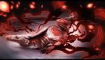 2015 black_bars blood bodily_fluids digital_media_(artwork) dragon feral fur ink-leviathan lying mythological_creature mythological_scalie mythology red_eyes scalie solo teeth white_body white_fur