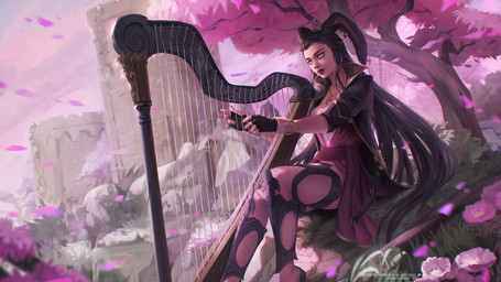 black_hair breasts clothed clothing day detailed_background eyebrows eyelashes female grass hair harp horn looking_at_viewer musical_instrument outside pink_eyes plant plucked_string_instrument sitting sky smile string_instrument evasoloart horned_humanoid humanoid 2022 digital_media_(artwork) hi_res