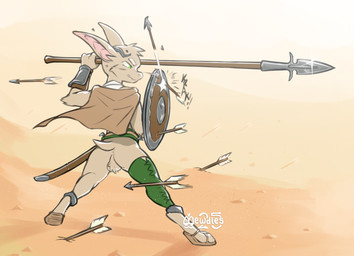 anthro anus armor arrow_(weapon) backsack balls bat_ears bat_tail belt bottomless bottomless_anthro bottomless_male butt cloak clothed clothing fight footwear fur genitals green_eyes holding_object holding_weapon leggings legwear male melee_weapon mostly_nude mostly_nude_anthro mostly_nude_male polearm ranged_weapon rear_view sand sandals shield shoes solo spear tail tan_body tan_fur tuft vambrace weapon mewdles turo_of_akesh bat desert_long-eared_bat mammal wingless_bat digital_media_(artwork) hi_res