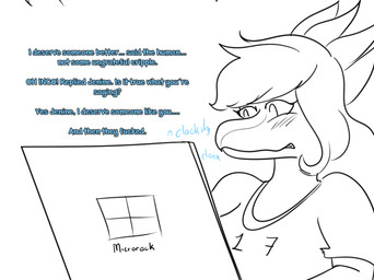 anthro blush blush_lines brand_parody computer electronics eyelashes feathers female hair laptop long_hair profanity solo text typing arsenic_iii cavemanon_studios i_wani_hug_that_gator microsoft jenine_(iwhtg) dinosaur dromaeosaurid feathered_dinosaur feathered_scalie prehistoric_species reptile saurischian scalie theropod velociraptor 2025 english_text hi_res monochrome