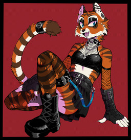 accessory alternative_fashion anthro black_stripes boots bottomwear breasts chain_necklace cheek_tuft clothing collar crop_top cross cross_necklace ear_piercing ear_ring facial_tuft fangs female fingerless_gloves footwear fur furgonomics gauged_ear gloves goth half-closed_eyes handwear industrial_piercing inverted_cross jewelry legwear miniskirt multicolored_body multicolored_fur narrowed_eyes necklace open_mouth open_smile orange_body piercing red_background ring_piercing shirt shoes simple_background skirt small_breasts smile solo spiked_collar spikes stockings striped_body striped_fur stripes tail tail_accessory tailband teeth topwear torn_clothing torn_legwear torn_stockings tuft two_tone_body two_tone_fur white_body white_fur gutter-bunny felid mammal pantherine tiger hi_res