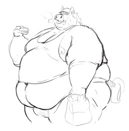 anthro bag baseball_cap beard belly big_belly big_moobs bulge burger cigar clothing facial_hair food hat headgear headwear holding_food holding_object male moobs navel overweight overweight_male shirt smile smoking solo tail tank_top topwear tcw equid equine horse mammal black_and_white hi_res monochrome sketch