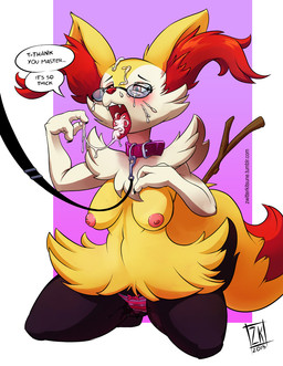 anthro bdsm begging begging_pose biped bodily_fluids breasts clothing collar cum cum_in_mouth cum_inside cum_on_face dialogue eyewear fangs female genital_fluids glasses kneeling leash master nipples open_mouth ownership panties petplay pose roleplay solo teeth text tongue tongue_out underwear vaginal_fluids zwitterkitsune nintendo pokemon braixen canid canine generation_6_pokemon mammal pokemon_(species) 2015 digital_media_(artwork) english_text