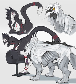 absorption_vore anal anal_penetration anal_vore anthro biped black_body black_fur blue_eyes breeding_mount claws duo erection feral fur looking_back male male/male markings merging penetration quadruped red_markings simple_background tail toe_claws vore white_background white_body white_fur yellow_eyes raptoral gahiji_jager_(mr.edoesart) sergal talyxian_stalker 2021 absurd_res digital_media_(artwork) hi_res