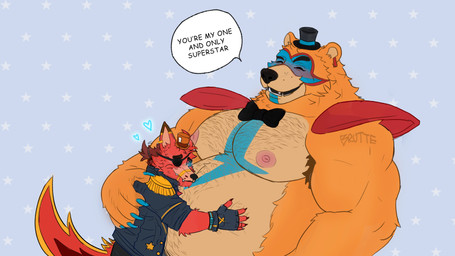 anthro arm_hair armpit_hair aroused_face aroused_smile belly belly_grab belly_hair belly_overhang biceps big_belly body_hair chest_hair clothing duo ear_piercing erect_nipples eyes_closed hairy_pecs hat head_on_belly headgear headwear hug male male/male moobs musclegut muscular muscular_anthro muscular_male nipple_focus nipple_outline nipples overweight overweight_anthro overweight_male pecs pecs_focus piercing size_difference tail text top_hat brutte five_nights_at_freddy's five_nights_at_freddy's:_security_breach scottgames steel_wool_studios fan_character freddy_(fnaf) glamrock_freddy bear canid canine fox mammal 16:9 4k absurd_res english_text hi_res widescreen