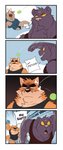 2020 absurd_res anthro barazoku black_nose brown_body brown_fur canid canine canis clothing comic countershading domestic_dog duo english_text felid fur hi_res male mammal multicolored_body multicolored_fur otake pantherine ray_(takemoto_arashi) scar speech_bubble takemoto_arashi text two_tone_body two_tone_fur yellow_eyes