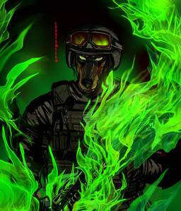 anthro blood blood_on_face bodily_fluids bulletproof_vest clothing colored_fire eyewear female fire glowing glowing_eyes goggles goggles_on_headwear green_eyes green_fire gun holding_gun holding_object holding_ranged_weapon holding_weapon intense_lighting intense_stare kit_grishaw lobotomizeriv military military_helmet military_uniform muscular ranged_weapon reflection shaded_face soldier tomboy uniform warrior weapon krampuzzz krampuzzzda united_states_marine_corps katherine_grishaw canid canine canis dobermann domestic_dog mammal pinscher half-length_portrait portrait