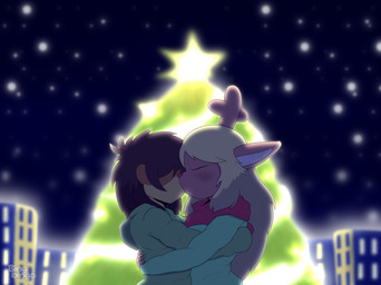 ambiguous_gender anthro antlers blonde_hair blush brown_hair building christmas_tree clothing duo eyelashes eyes_closed female female/ambiguous freckled_face freckles fur gloves hair hair_over_eyes hand_behind_back handwear holidays horn kissing long_hair night plant red_nose romantic romantic_couple scarf star sweater topwear tree bingbingo christmas deltarune undertale_(series) kris_dreemurr noelle_holiday deer human mammal new_world_deer reindeer absurd_res hi_res watermark