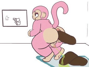 anthro bodily_fluids excessive_feces feces gaming_console genital_fluids hyper hyper_feces male solo squatting_pose urine watersports skattapookie haplorhine mammal monkey primate