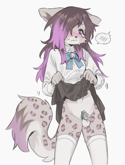 5_fingers anthro arms_bent balls bell biped black_bottomwear black_clothing black_eyebrows black_nose black_skirt blouse blue_ribbon blush blush_lines bodily_fluids bottomwear bow_ribbon breasts brown_hair brown_markings brown_spots chastity_cage chastity_device cheek_tuft clothed clothed_anthro clothed_gynomorph clothed_intersex clothing clothing_lift collar countershade_balls countershade_face countershade_fur countershade_genitalia countershade_neck countershade_tail countershade_torso countershading dipstick_tail embarrassed eyebrow_piercing eyebrow_through_hair eyebrows eyelashes facial_piercing facial_tuft fingers fluffy fluffy_tail front_view fur fur_markings fur_tuft genital_fluids genitals grey_body grey_chastity_cage grey_chastity_device grey_ears grey_fur grey_hands grey_piercing grey_tail grey_tuft gynomorph gynomorph_anthro hair hair_over_eye hip_markings humanoid_hands intersex intersex_anthro iris leaking_precum leg_markings legwear long_eyelashes long_hair long_tail markings monotone_background monotone_blouse monotone_bottomwear monotone_clothing monotone_legwear monotone_shirt monotone_skirt monotone_stockings monotone_topwear mouth_closed multicolored_body multicolored_fur multicolored_hair multicolored_tail navel no_underwear nose_piercing nose_ring one_eye_obstructed penis piercing pink_blush precum precum_through_chastity_cage presenting presenting_balls pupils purple_eyes purple_hair purple_markings purple_spots purple_tail_tip ribbons ring_piercing septum_piercing septum_ring shirt simple_background skirt skirt_lift slim slim_anthro slim_gynomorph slim_intersex slit_pupils small_balls small_breasts small_penis solo spots spotted_body spotted_fur spotted_markings spotted_tail stockings sweat tail tail_markings thigh_markings topwear translucent translucent_hair tuft two_tone_hair wearing_chastity_cage wearing_chastity_device white_background white_balls white_blouse white_body white_clothing white_countershading white_fur white_legwear white_sclera white_shirt white_stockings white_tail white_topwear sp1nosaur noire_vala felid mammal pantherine snow_leopard absurd_res alternate_version_at_source english_description hi_res portrait three-quarter_portrait