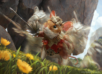 ambiguous_gender anthro armor brown_body brown_fur button_(fastener) cloud dandelion day dutch_angle flower fur grass headgear helmet holding_melee_weapon holding_object holding_sword holding_weapon melee_weapon outside plant solo sword tail text weapon whiskers bram_sels hasbro magic:_the_gathering wizards_of_the_coast mammal mouse murid murine rodent 2024 english_text hi_res official_art