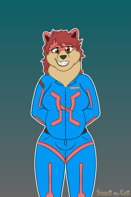 anthro belt big_breasts blue_clothing breasts brown_eyes clothing fur gynomorph hair intersex jumpsuit mane name_tag pink_body pink_clothing pink_fur red_hair shy_smile slightly_chubby solo tan_body tan_fur wavy_hair wide_hips scoutthecat02 garcella_(scoutthecat02) bear brown_bear grizzly_bear mammal ursine hi_res