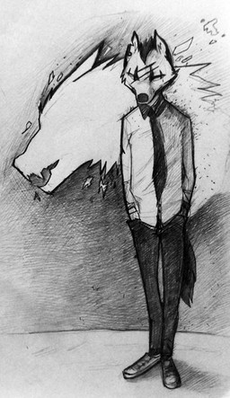 anthro bottomwear cheek_tuft clothed clothing facial_tuft footwear front_view hand_in_pocket male narrowed_eyes pants pockets shoes solo standing topwear tuft unknowhiter canid mammal 2015 full-length_portrait monochrome portrait traditional_media_(artwork)