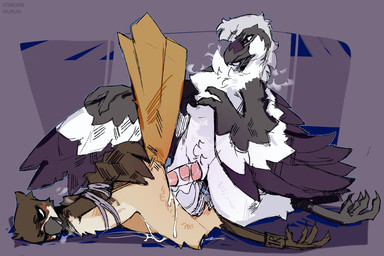 abstract_background anal anal_penetration arms_tied_behind_back avian_feet blush bodily_fluids claws collar collar_only cum cum_in_ass cum_inside cum_on_penis duo from_behind_position genital_fluids genitals kneeling legband_only lying male male/male nude on_front penetration penis raised_tail sex tail wing_claws wings wings_tied stercore_murum birdie_(canadabirdie) birdpathy avian bird black-capped_chickadee chickadee great_grey_shrike oscine passerine tit_(bird) 3:2 absurd_res hi_res