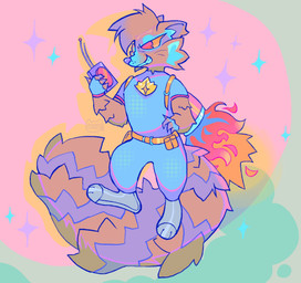 anthro belt big_tail blue_clothing blue_suit brown_body brown_fur brown_hair clothing fingerless_gloves fire fluffy footwear fur gloves grey_clothing grey_footwear hair handwear male markings pushbutton red_eyes solo sparkles striped_markings striped_tail stripes suit tail tail_markings thrusters whiskers ashmeowi guardians_of_the_galaxy marvel marvel_rivals rocket_raccoon mammal procyonid raccoon hi_res