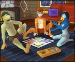 anthro beak blue_body board_game boxer_briefs boxer_briefs_only boxers_(clothing) boxers_only briefs briefs_only bulge clothed clothing feet fireplace green_body green_hair group hair inside male navel nipples orange_body pillow soles tabletop_game topless trio underwear underwear_only fuze nintendo pokemon generation_4_pokemon grotle monferno pokemon_(species) prinplup hi_res