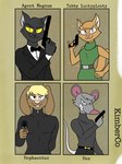 5_fingers anthro belt black_body black_bow_tie black_clothing black_fur black_nose black_shirt black_suit black_topwear blonde_hair bow_tie brown_body brown_fur buckteeth cheek_tuft closed_smile clothed clothed_anthro clothed_female clothed_male clothing dress eye_scar eyebrows facial_scar facial_tuft female fingers fur fur_tuft green_clothing green_dress grey_body grey_fur grey_inner_ear group gun hair hand_behind_back hand_on_hip head_tuft holding_gun holding_object holding_ranged_weapon holding_weapon looking_at_viewer male mouth_closed pink_inner_ear pink_nose pointing_gun_at_viewer pupils rabbit_ears ranged_weapon scar shirt sleeveless_dress slit_pupils smile suit tail teeth topwear tuft weapon yellow_body yellow_fur yellow_sclera zipper_pull_tab kimberco ashton_magnum hephaestus_(kimberco) hex_(kimberco) tabby_luckyplenty domestic_cat felid feline felis hare lagomorph leporid mammal murid murine rat rodent 2022 artist_name character_name hi_res