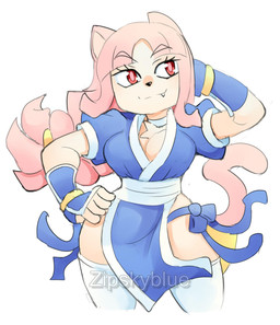 anthro blue_clothing breasts chest_tuft cleavage clothed clothing cosplay female hair pink_hair solo tail tuft zipskyblue kasumi_(doa) nina_(zipskyblue) felid feline mammal hi_res